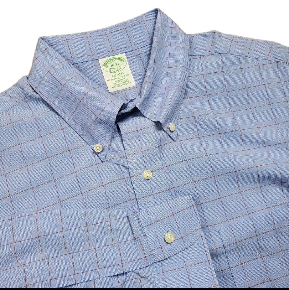 Brooks Brothers Milano Button Up Shirt Mens 16-33 Plaid Non Iron Cotton Ls